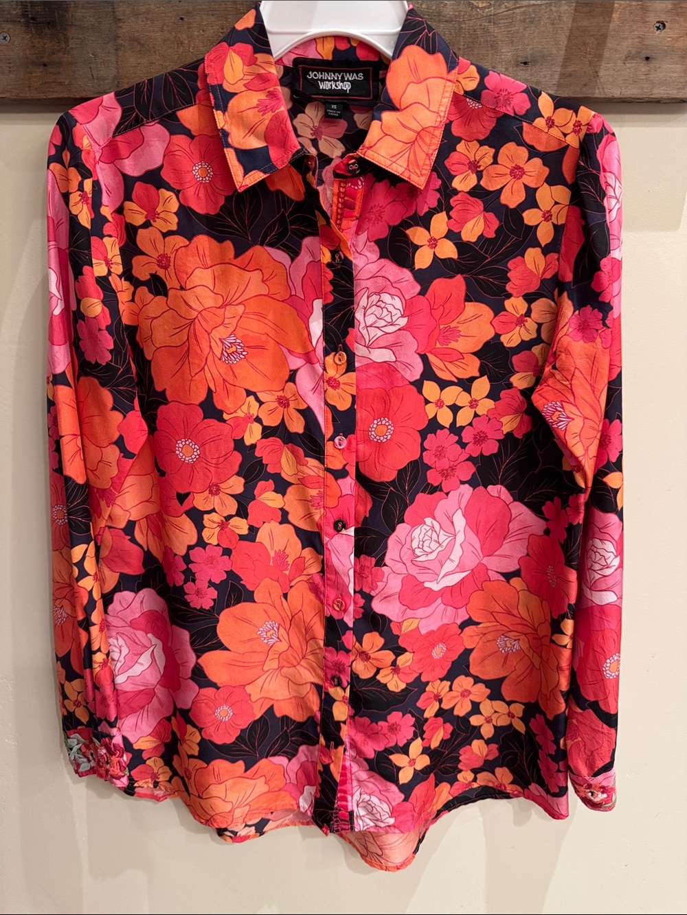 Johnny Was Silk Floral Button-Down With Pink & Orange Blooms & Embroidered Cuffs